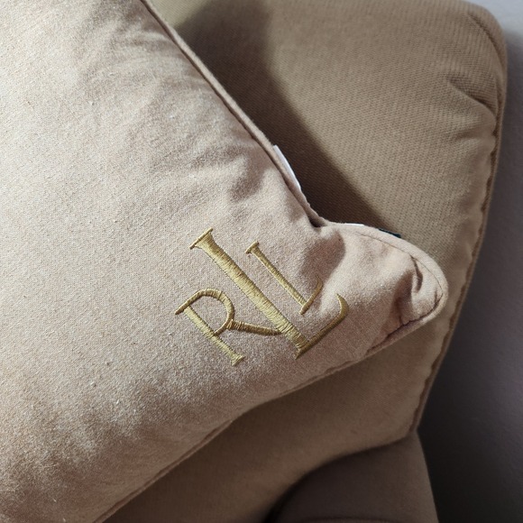 Lauren Ralph Lauren Monogram Lumbar Throw Pillow Tan Linen Blend Accent - Picture 12 of 14